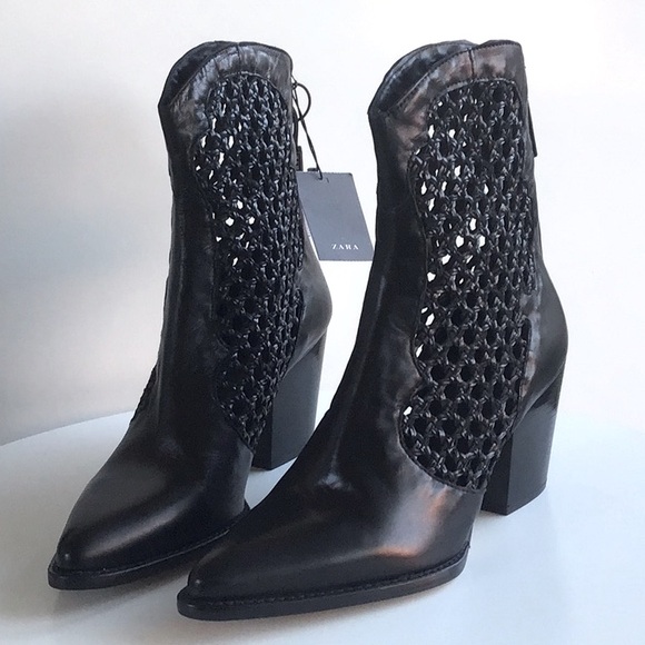 Rare Zara western cowboy open weave pointy heeled black ankle boots - Picture 3 of 16